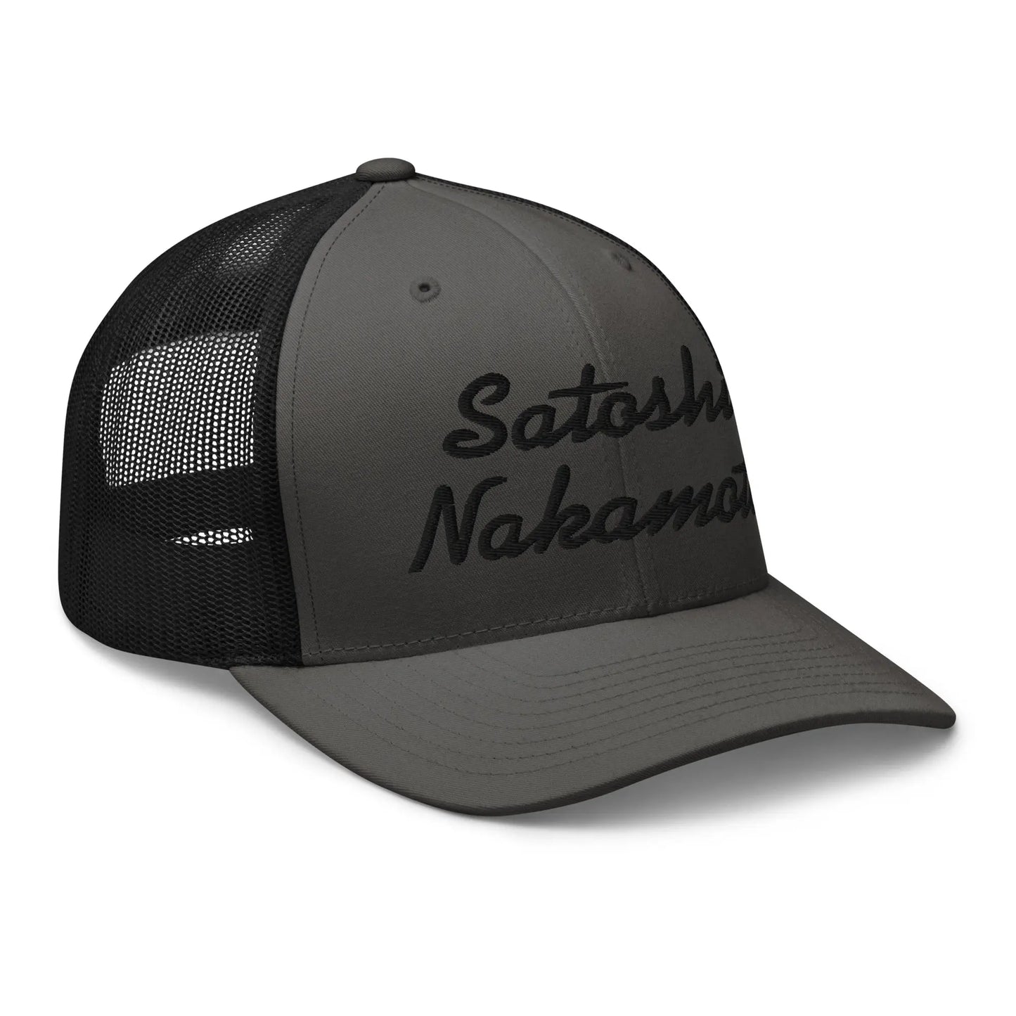 bitcoin trucker hat - satoshi nakamoto - side view - charcoal black