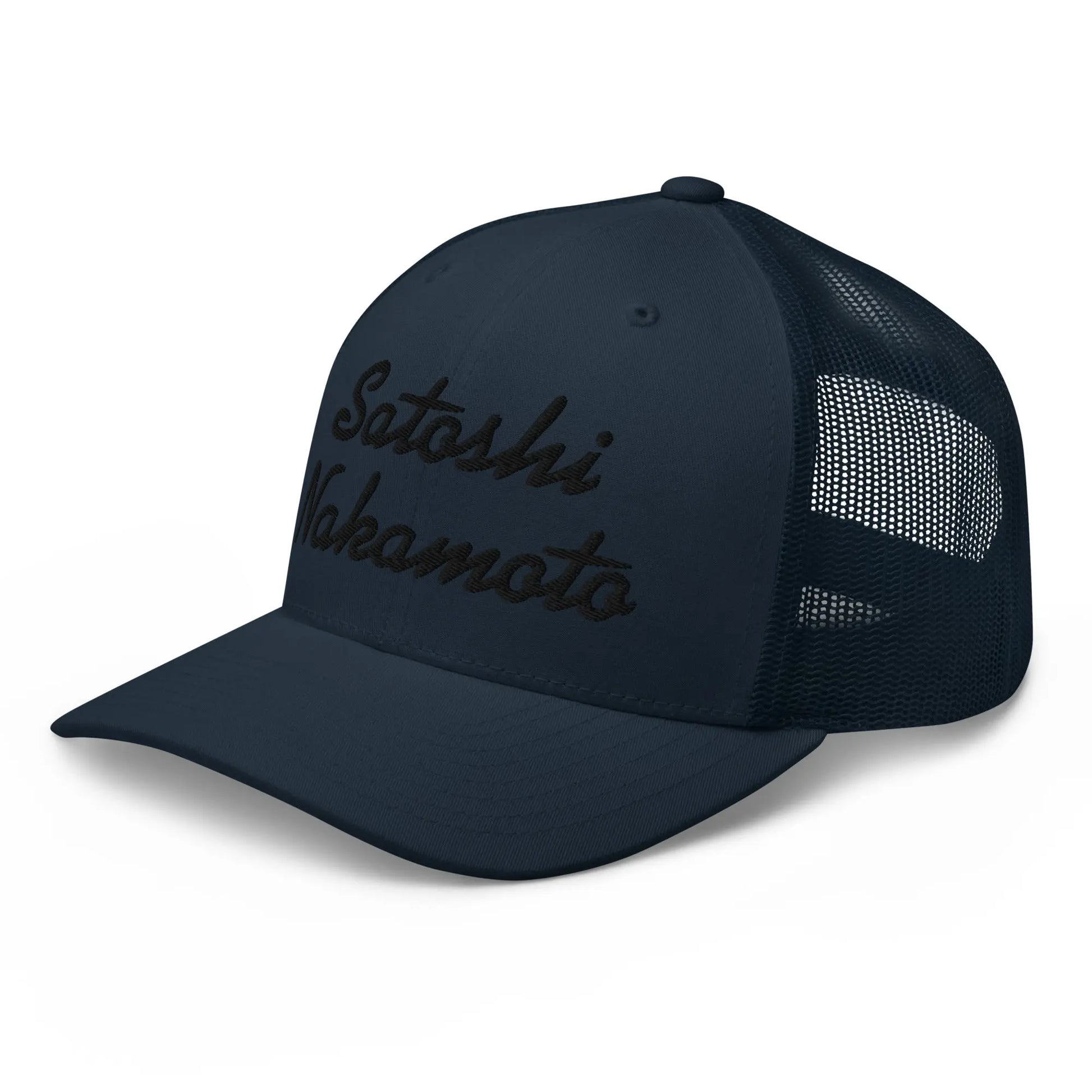 bitcoin trucker hat - satoshi nakamoto - side view - navy