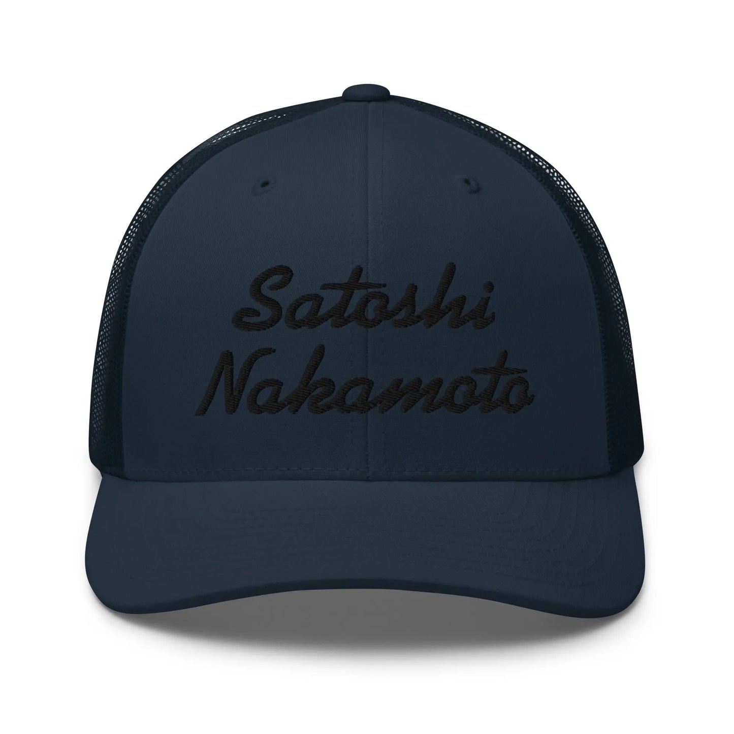 bitcoin trucker hat - satoshi nakamoto - front view - navy