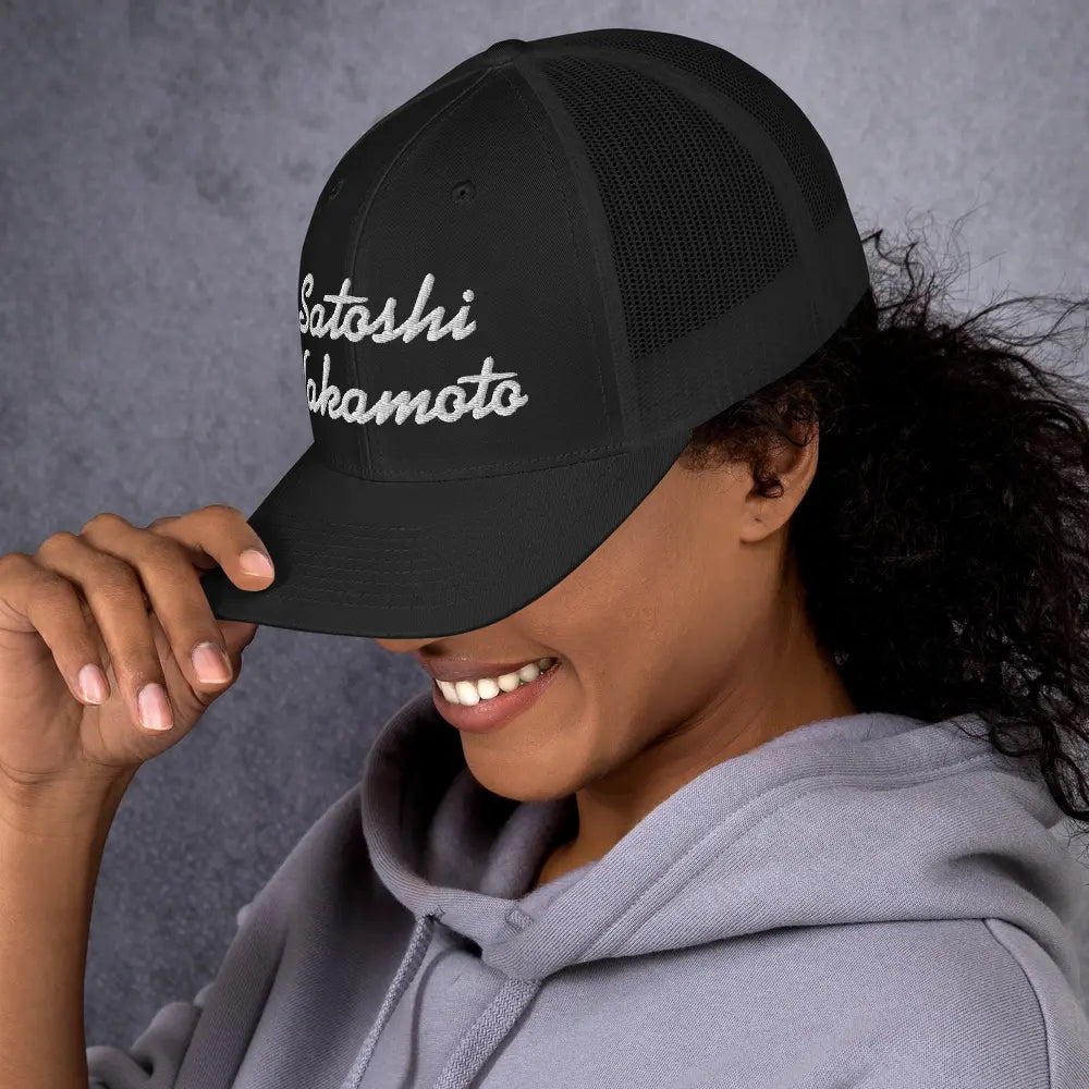 bitcoin trucker hat - satoshi nakamoto - worn on model - black