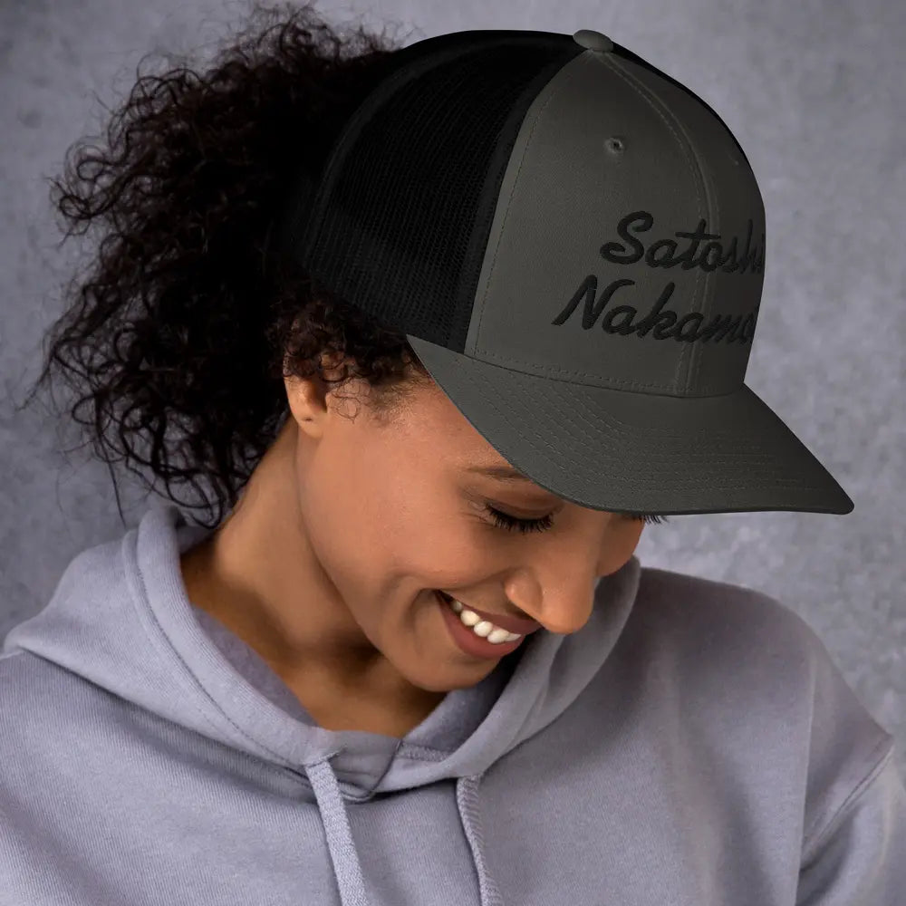 bitcoin trucker hat - satoshi nakamoto - worn on model 