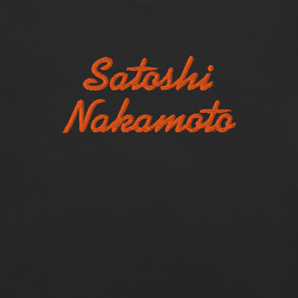 bitcoin t-shirt - satoshi nakamoto - embroidery close-up