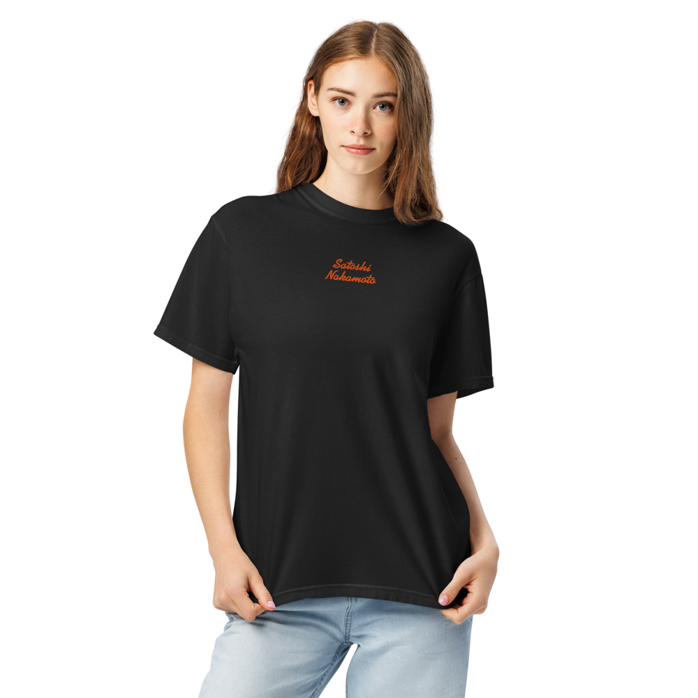 bitcoin t-shirt - satoshi nakamoto - worn view - female - black