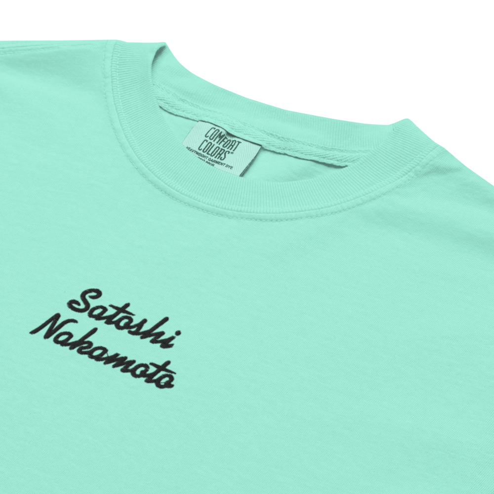 bitcoin t-shirt - satoshi nakamoto - embroidery detail - mint