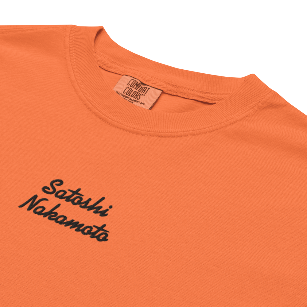 bitcoin t-shirt - satoshi nakamoto embroidery detail - black thread - orange