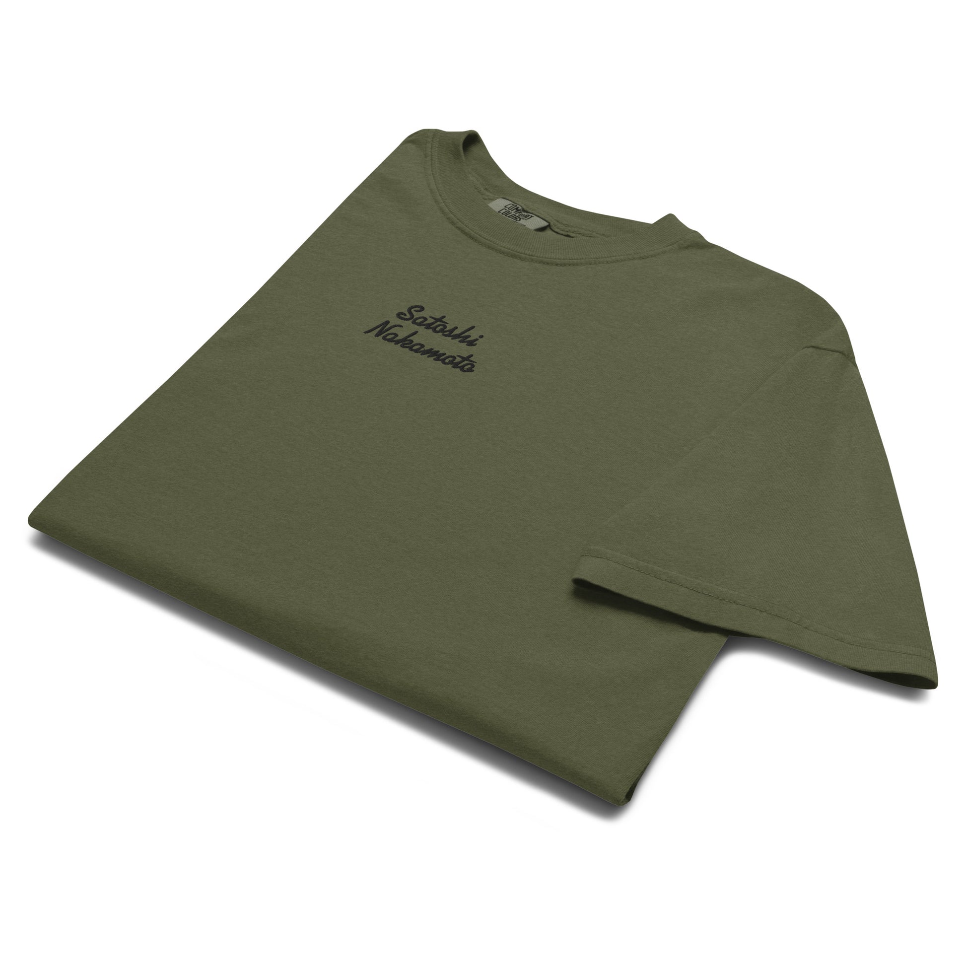 bitcoin t-shirt - satoshi nakamoto - folded display - hemp green
