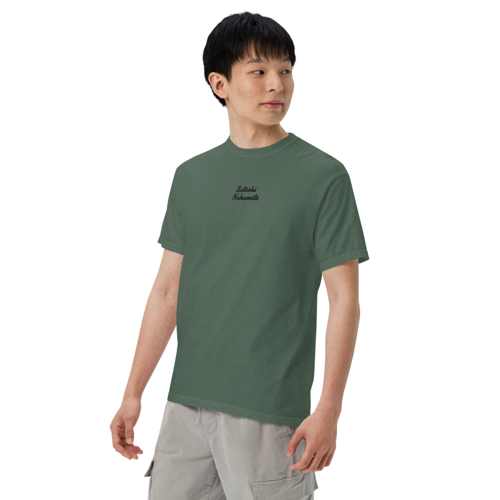 bitcoin t-shirt - satoshi nakamoto - model perspective - blue spruce