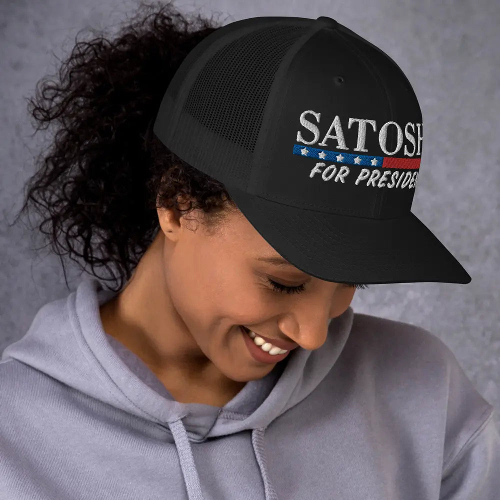 satoshi for president bitcoin hat worn female model