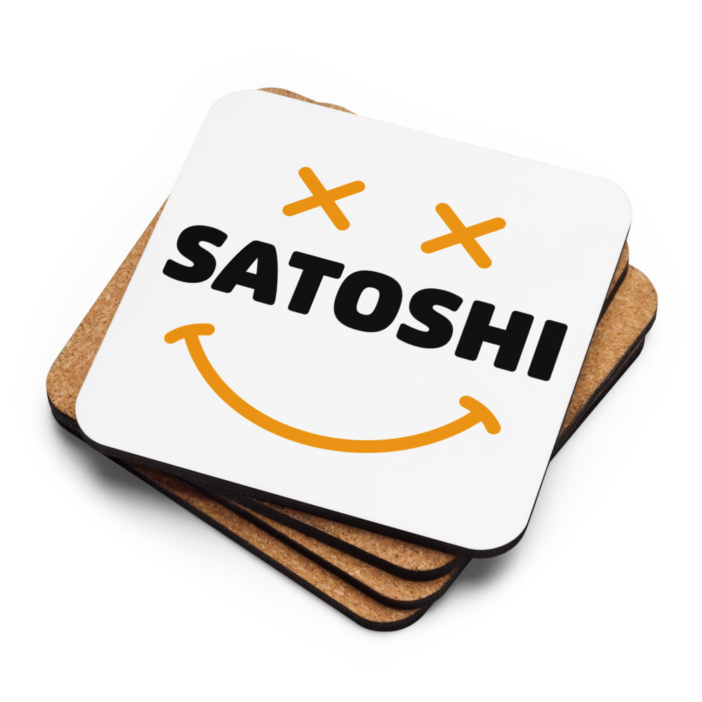 Satoshi Smiley Bitcoin coaster stack by BitPopArt — cork backs + face up