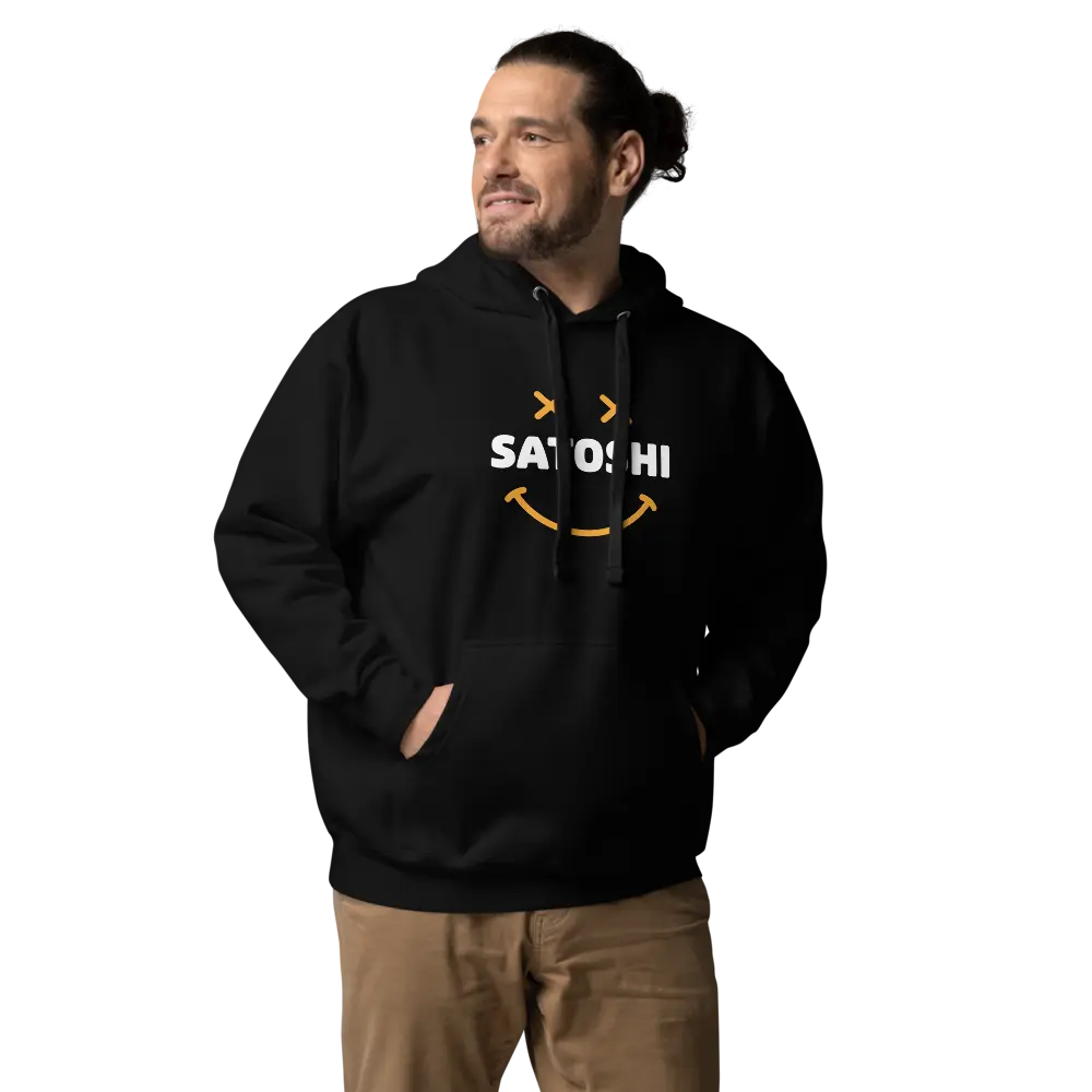 bitcoin hoodie - satoshi smiley - worn on model - black