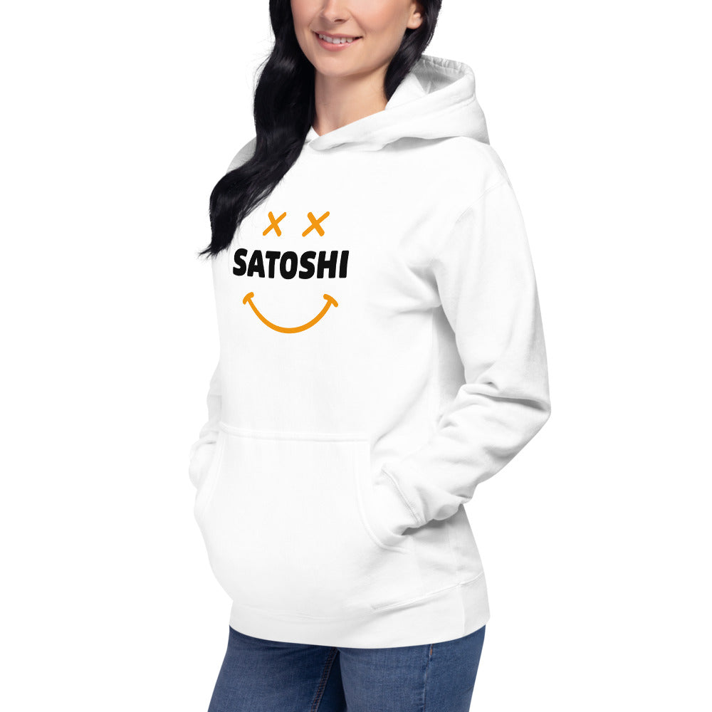 bitcoin hoodie - satoshi smiley - worn on model - white