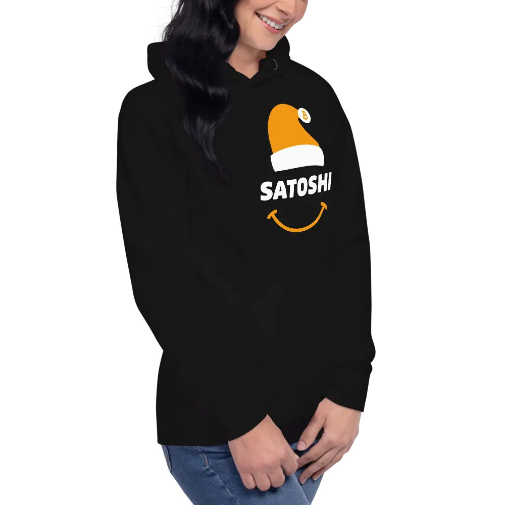 bitcoin hoodie - satoshi x-mas design - worn on female model - black