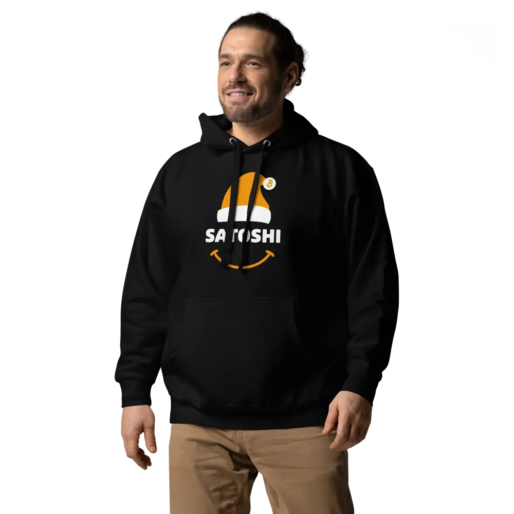 bitcoin hoodie - satoshi x-mas design - worn on model - black