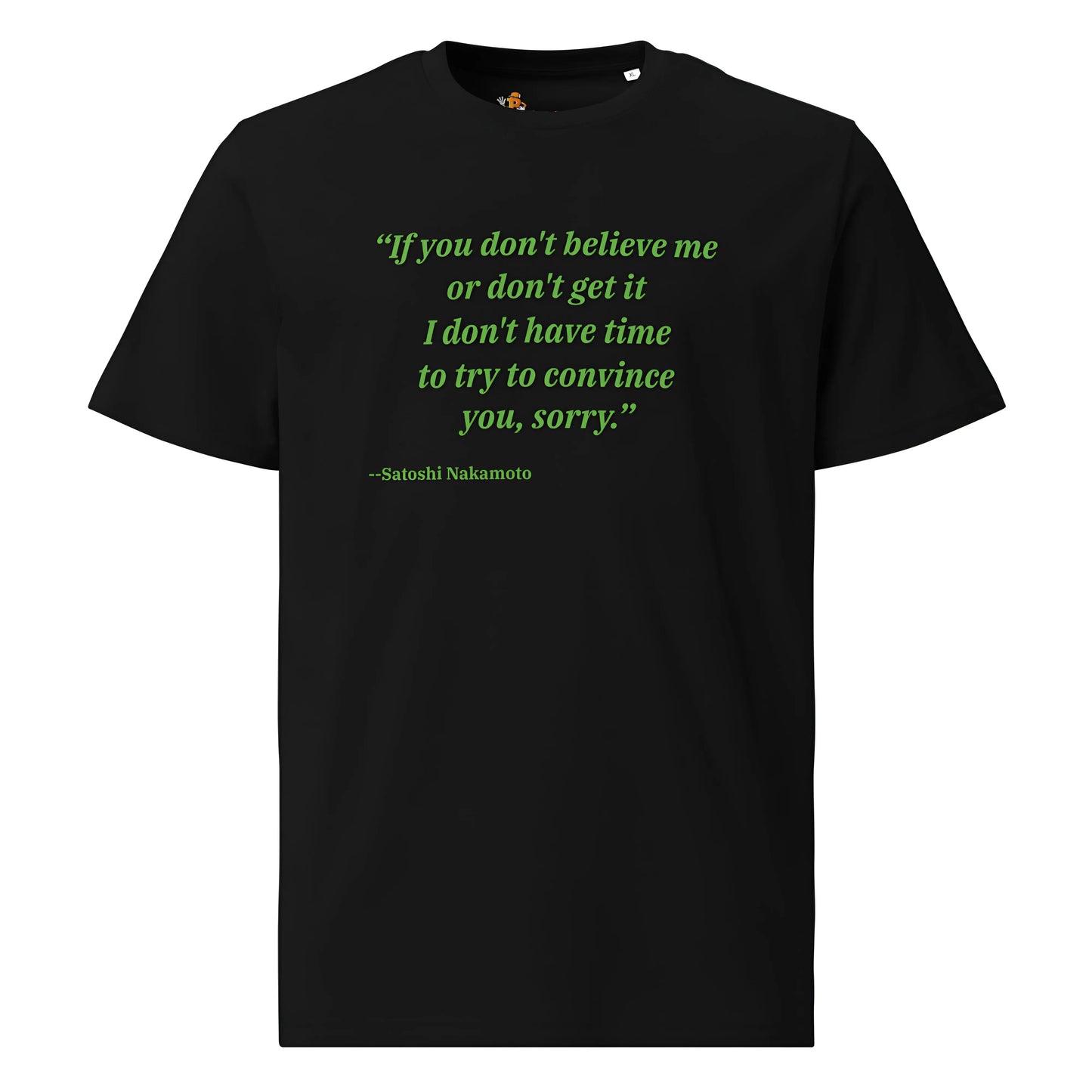 bitcoin t-shirt - satoshi’s quote - front view - black