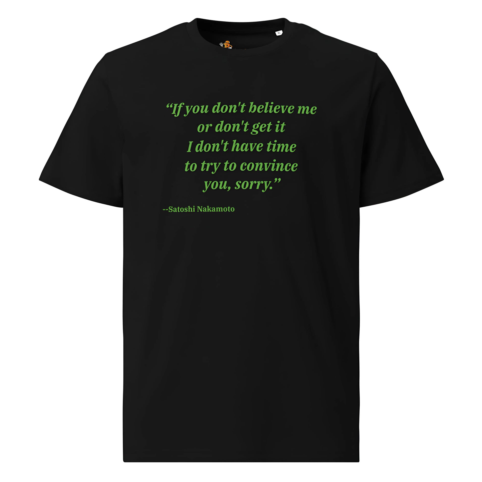 bitcoin t-shirt - satoshi’s quote - front view - black