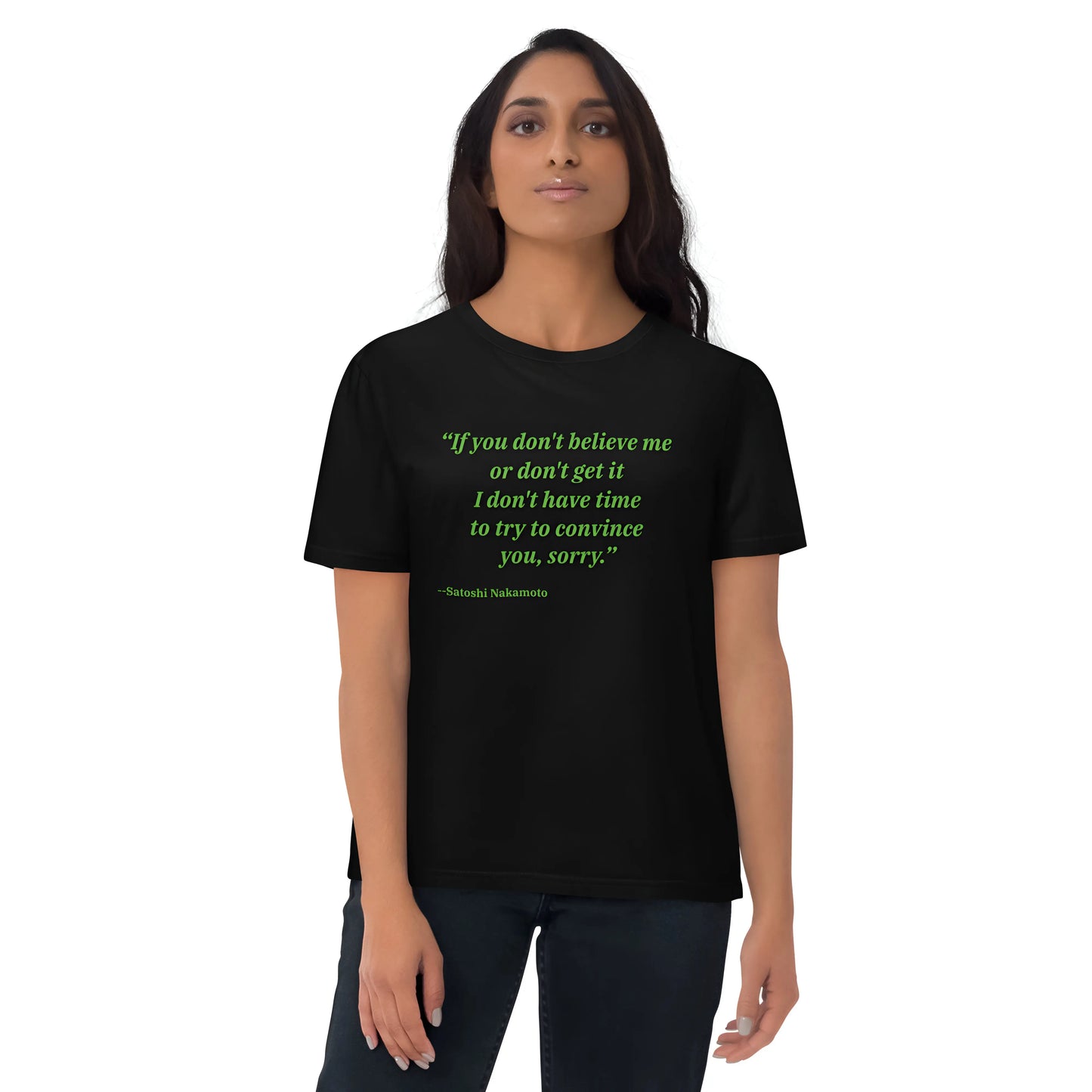 bitcoin t-shirt - satoshi’s quote - worn on model - black