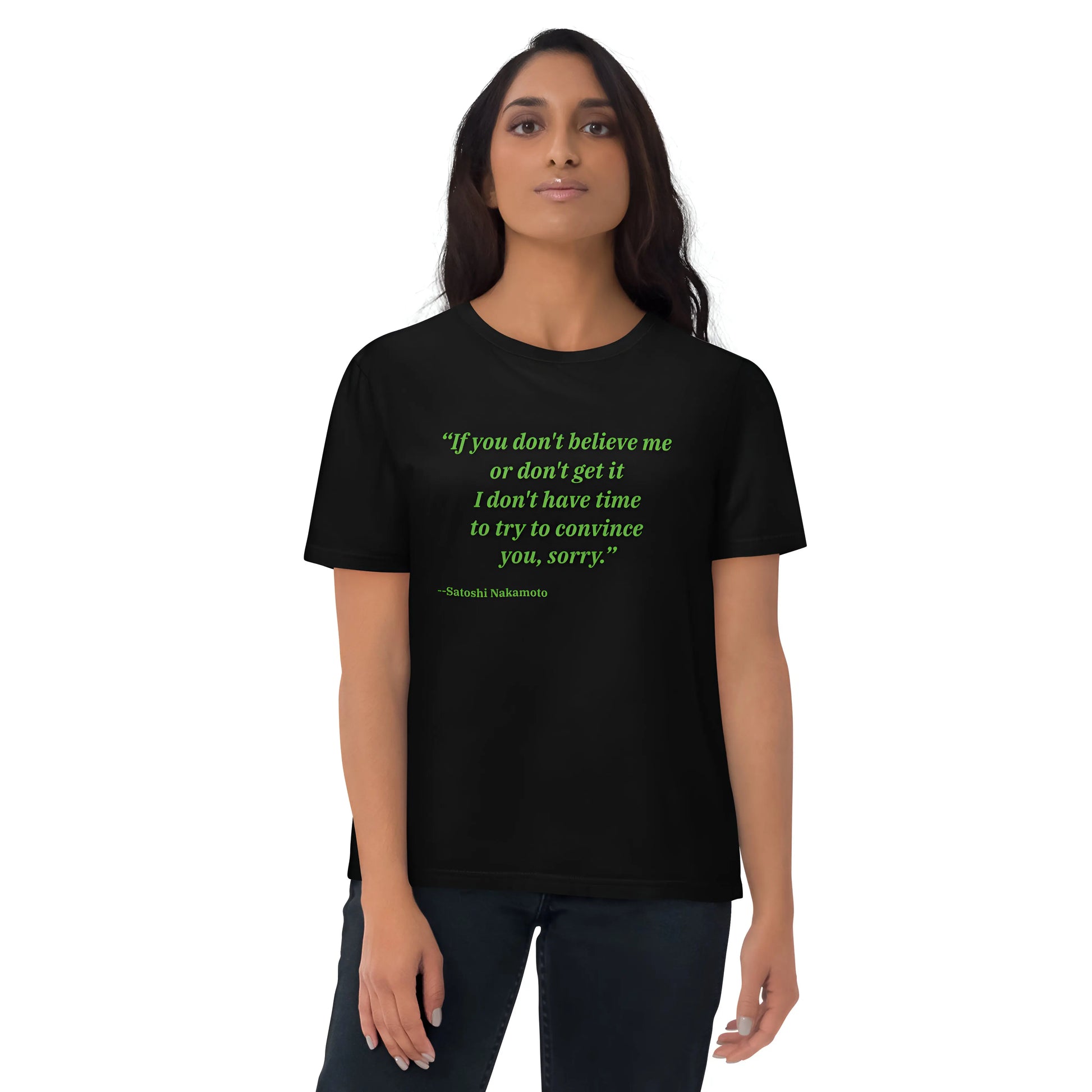 bitcoin t-shirt - satoshi’s quote - worn on model - black