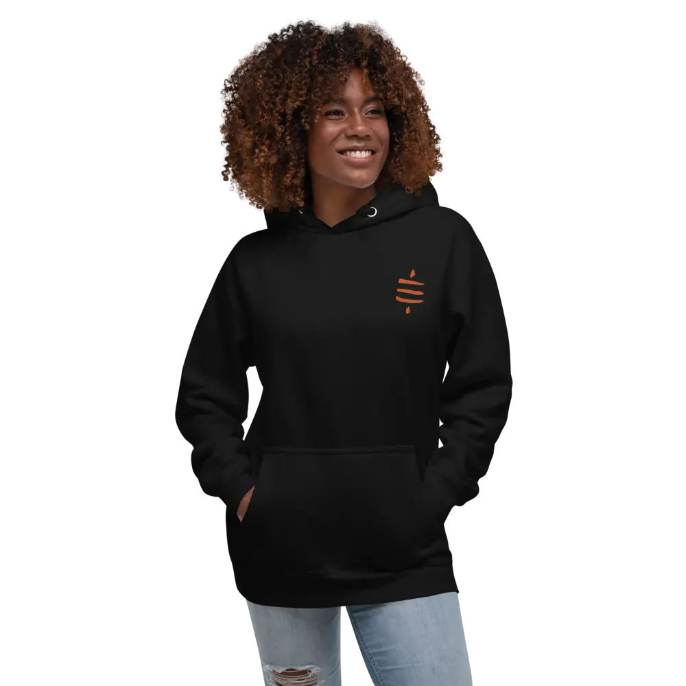 bitcoin hoodie - sats symbol - worn by model - front