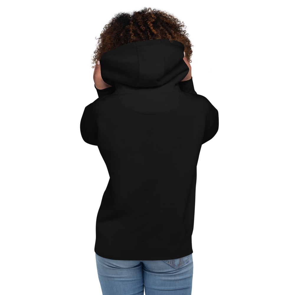 bitcoin hoodie - sats symbol - worn on model - black - back view