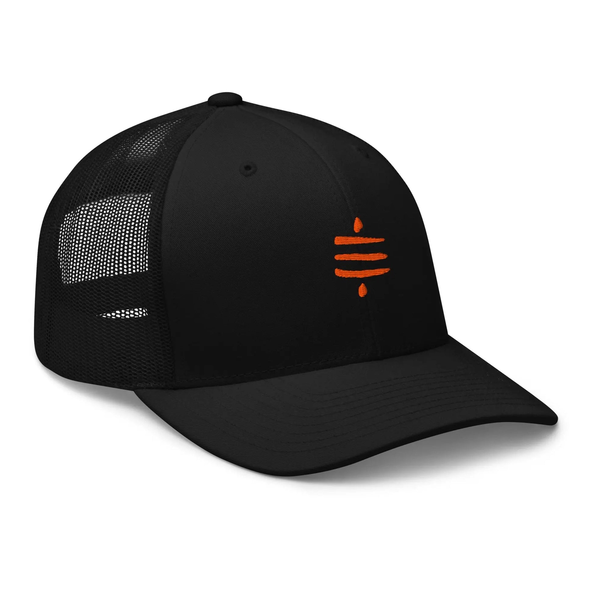bitcoin trucker hat - sats symbol - angled front view - black