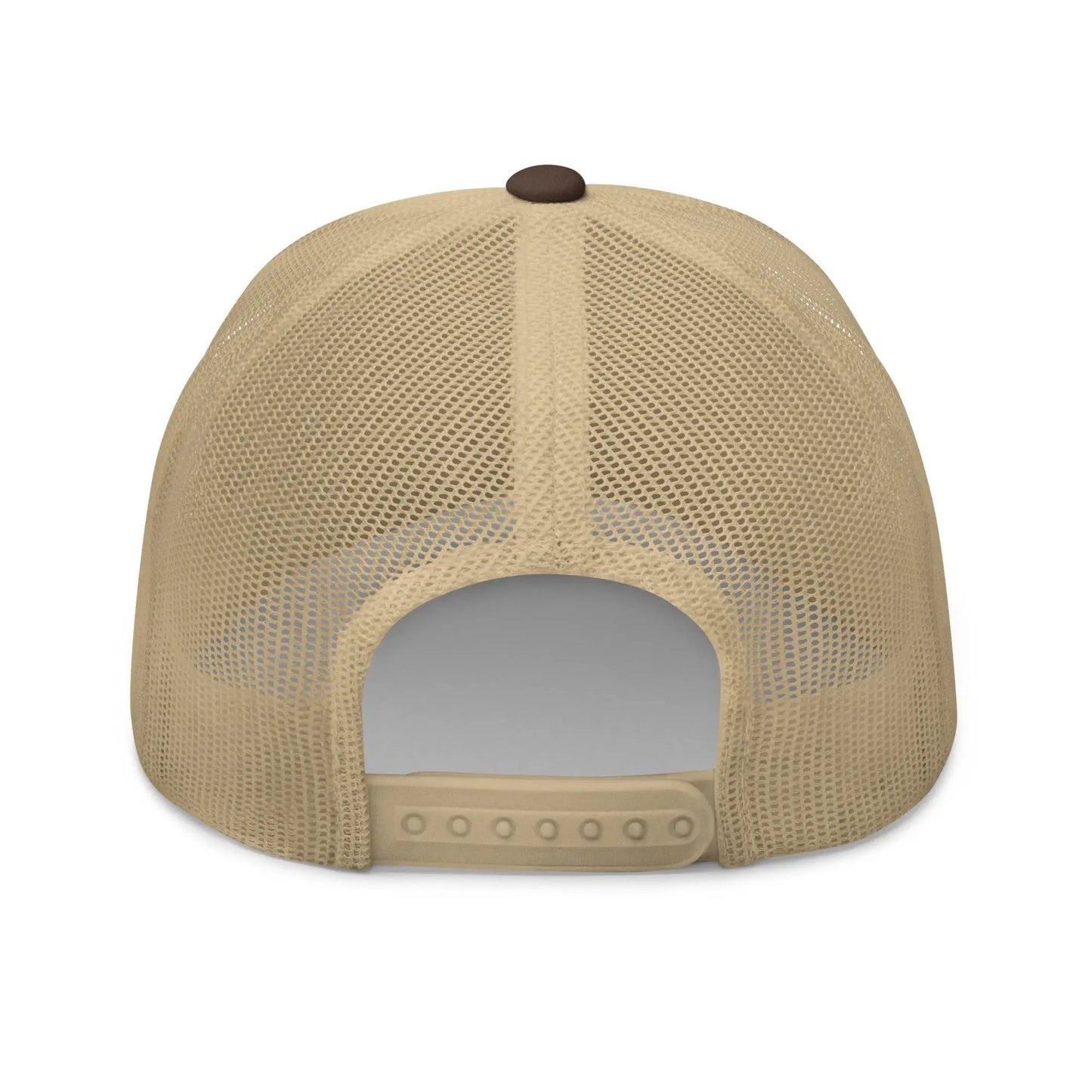 bitcoin trucker hat - sats symbol - back view - brown and khaki