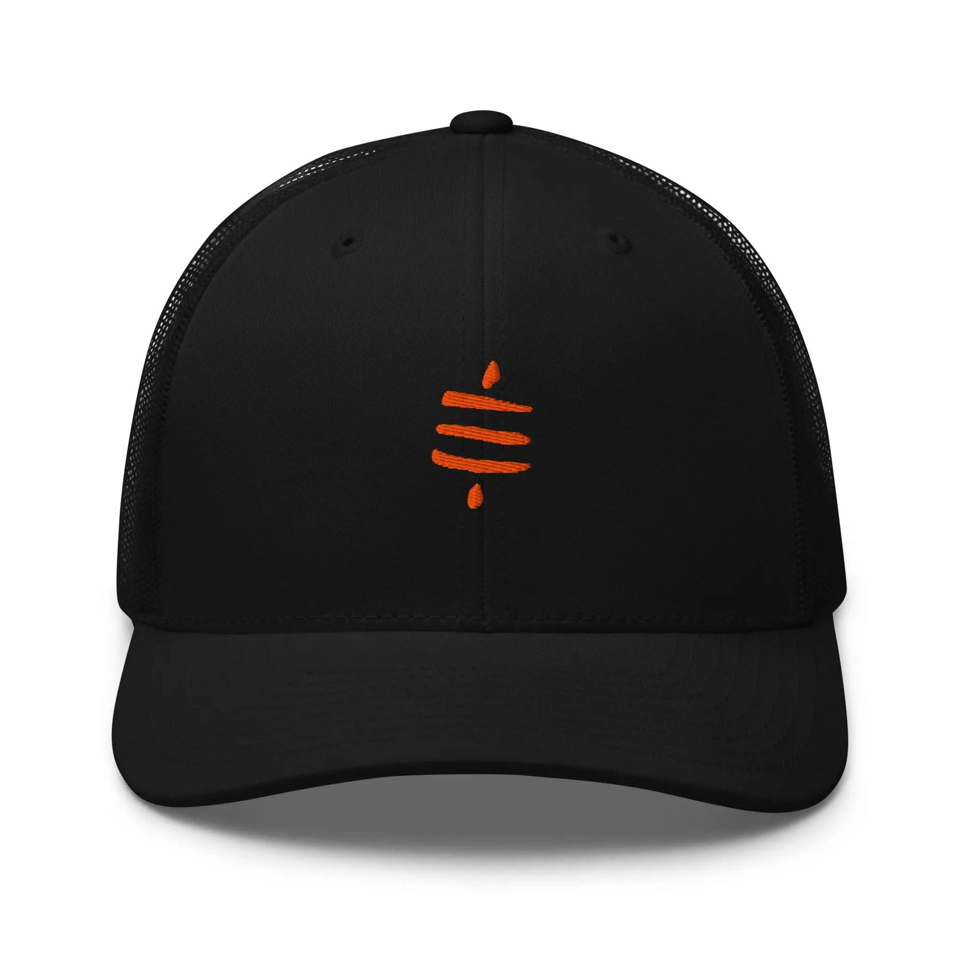 bitcoin trucker hat - sats symbol - front view - black