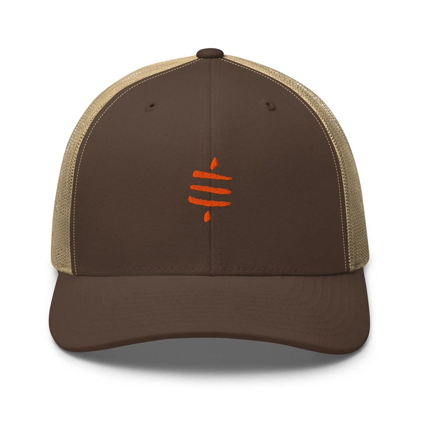 bitcoin trucker hat - sats symbol - front view - brown and khaki