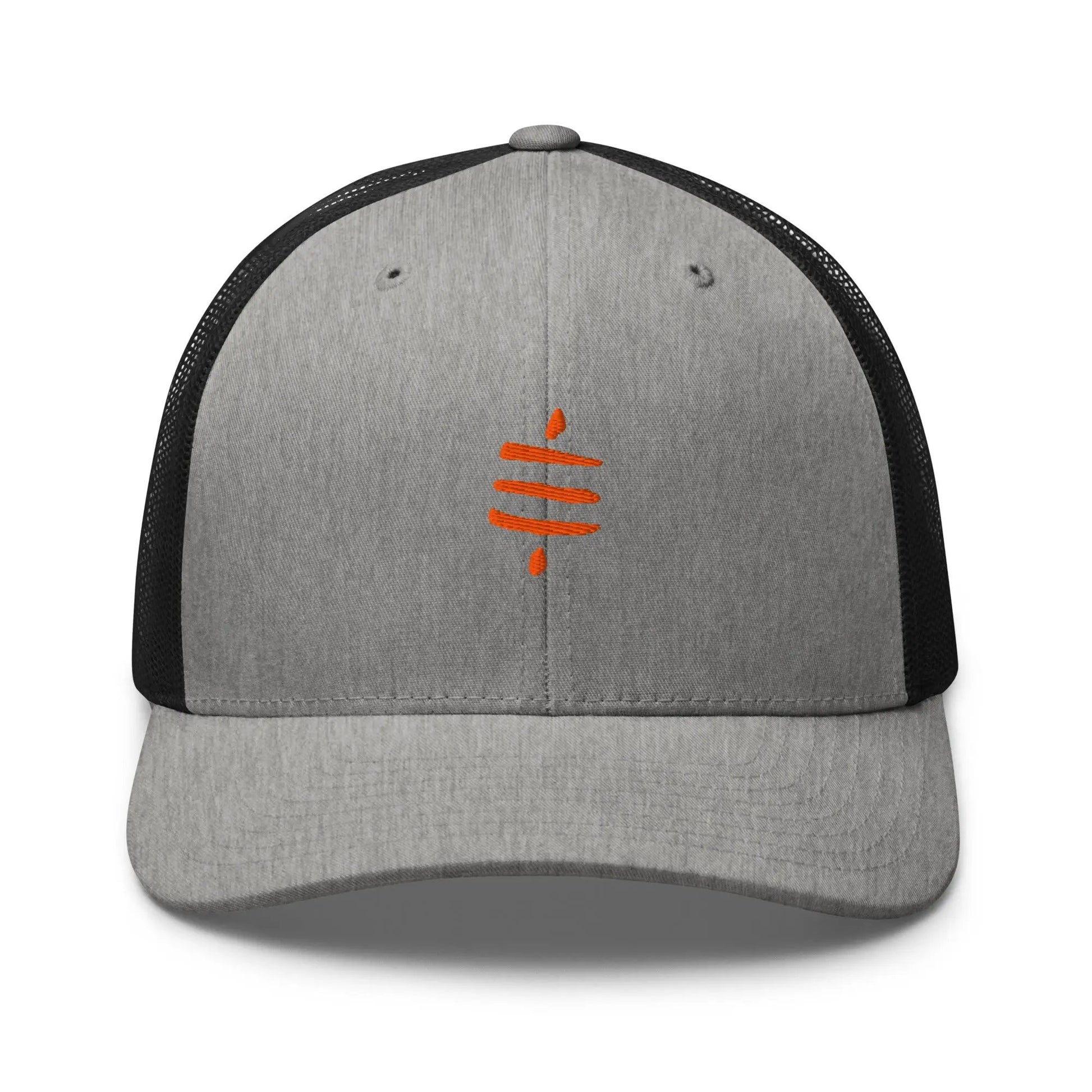 bitcoin trucker hat - sats symbol - front view - heather and black