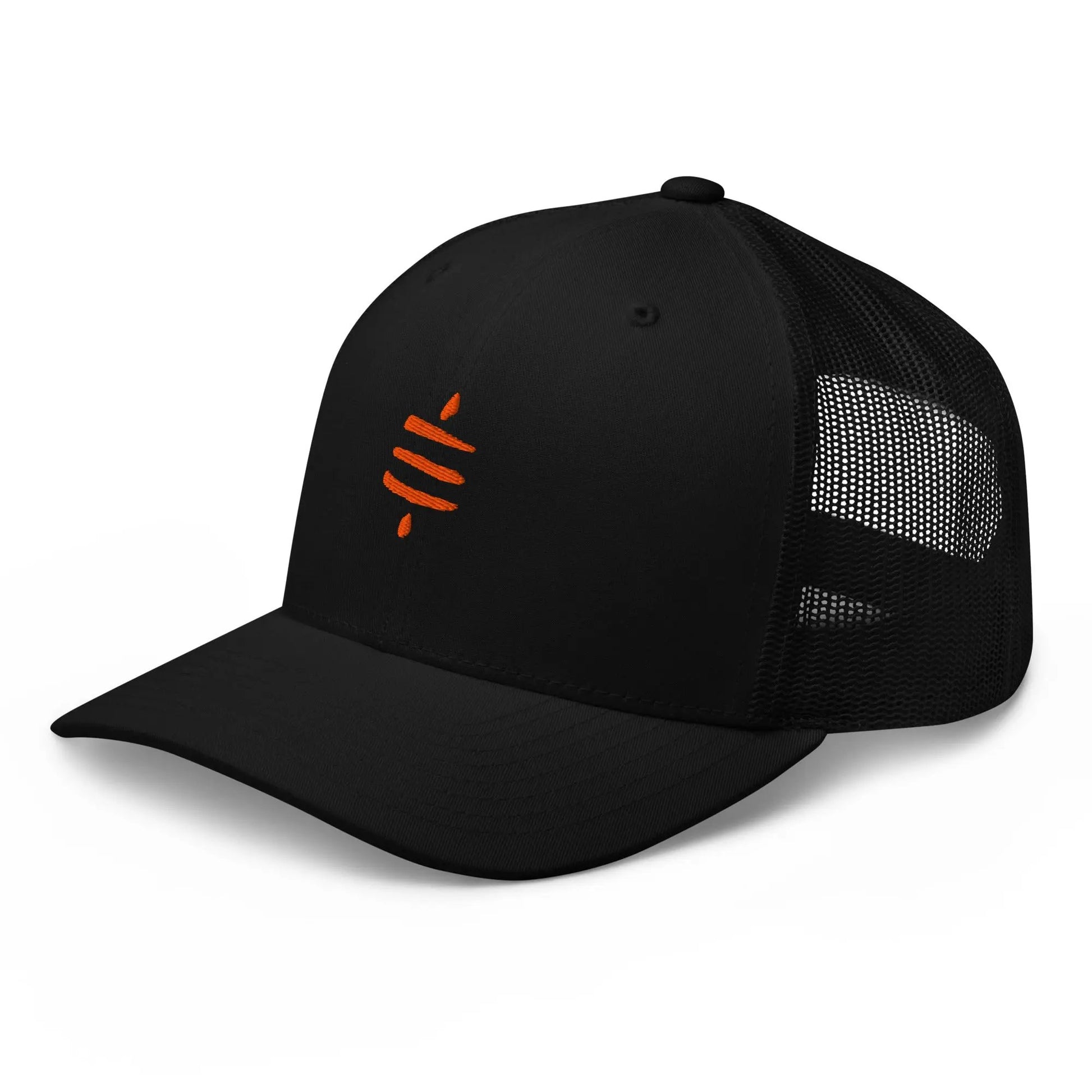 bitcoin trucker hat - sats symbol - side view - black