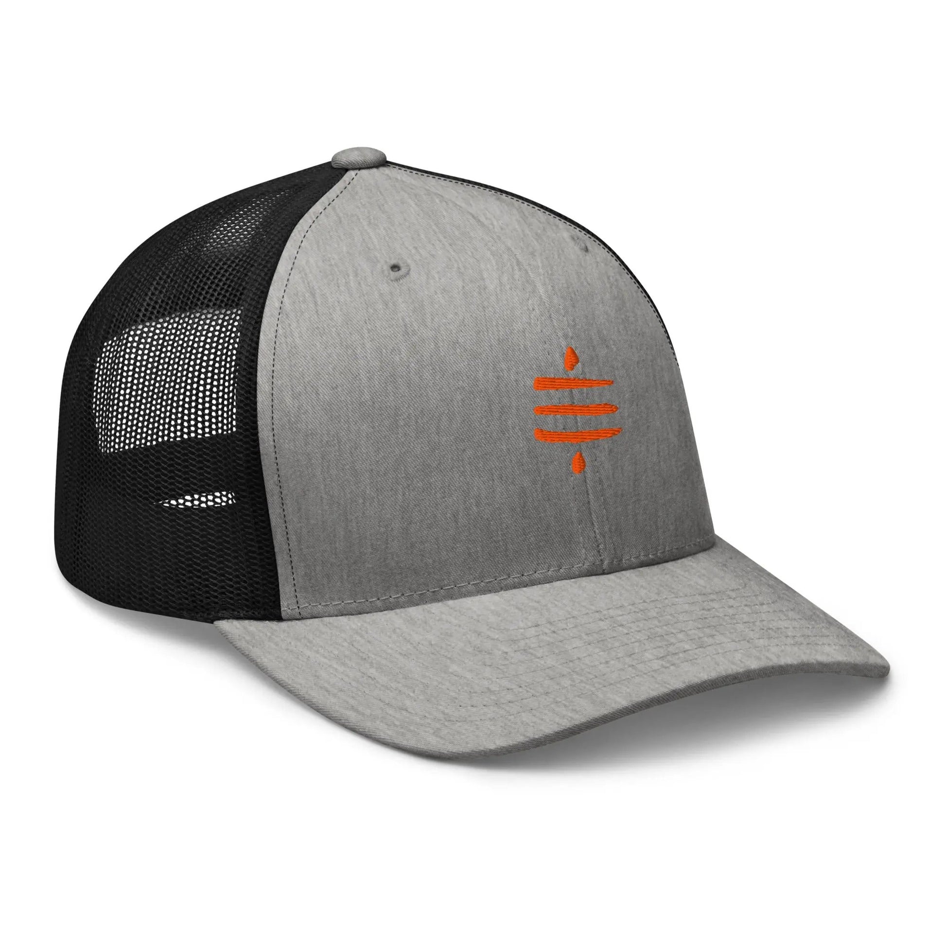 bitcoin trucker hat - sats symbol - side view - heather and black