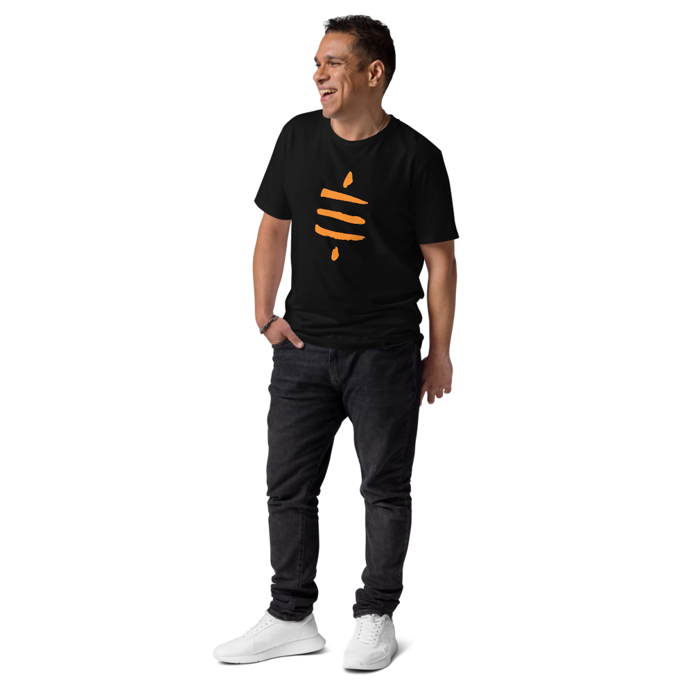 Bitcoin T-Shirt – Sats Symbol - on smiling male model - black