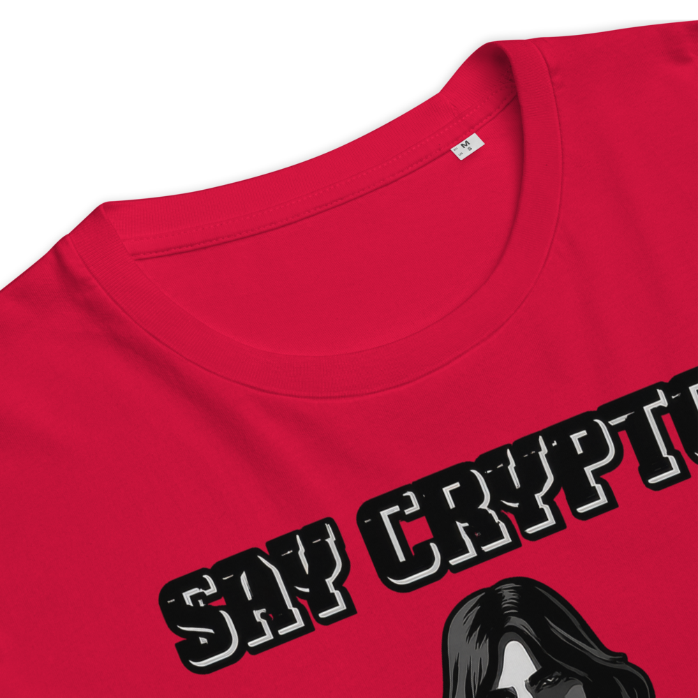 bitcoin t-shirt - say crypto one more time - design close-up - red