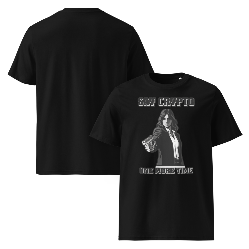 bitcoin t-shirt - say crypto one more time - front and back view - black