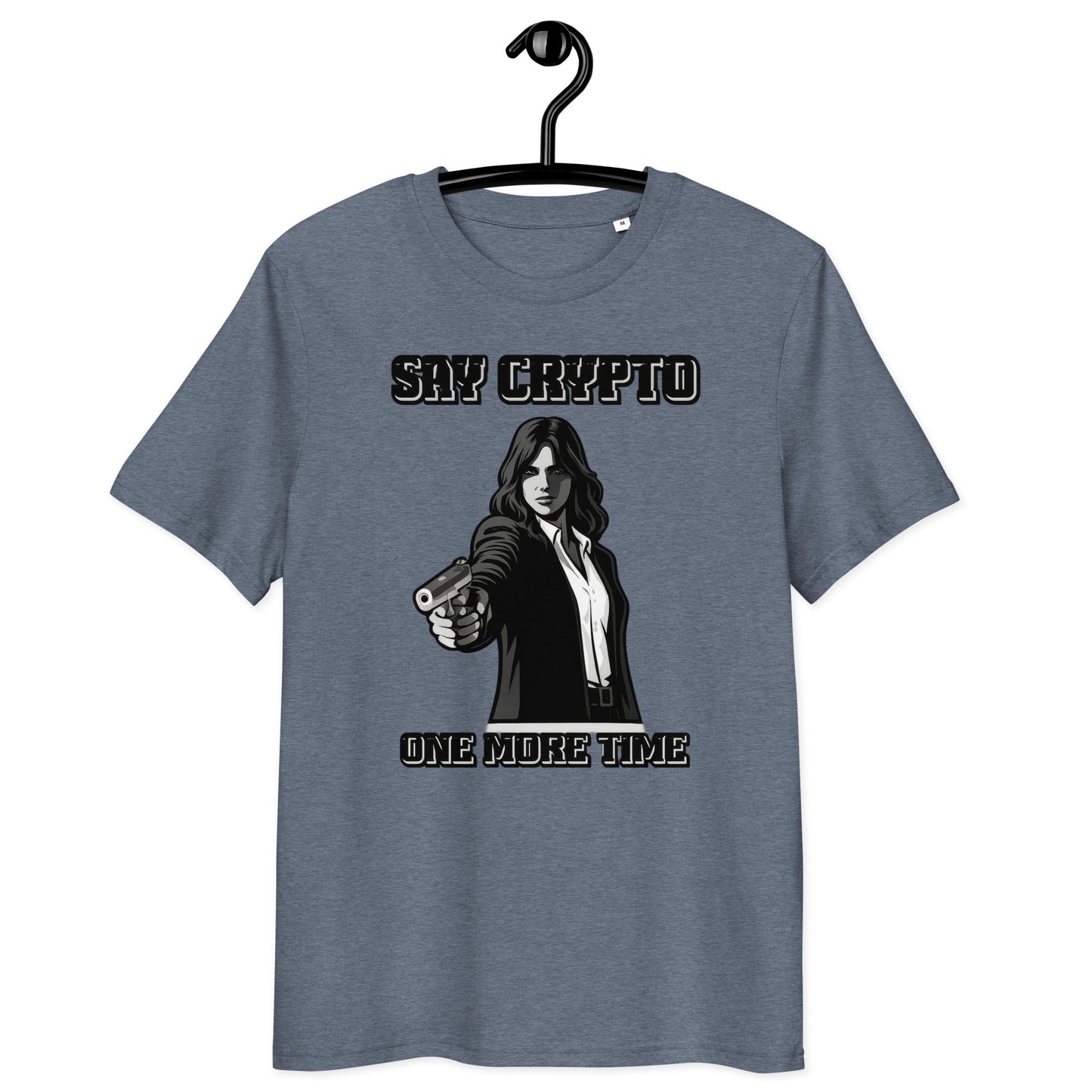 bitcoin t-shirt - say crypto one more time - on hanger - blue