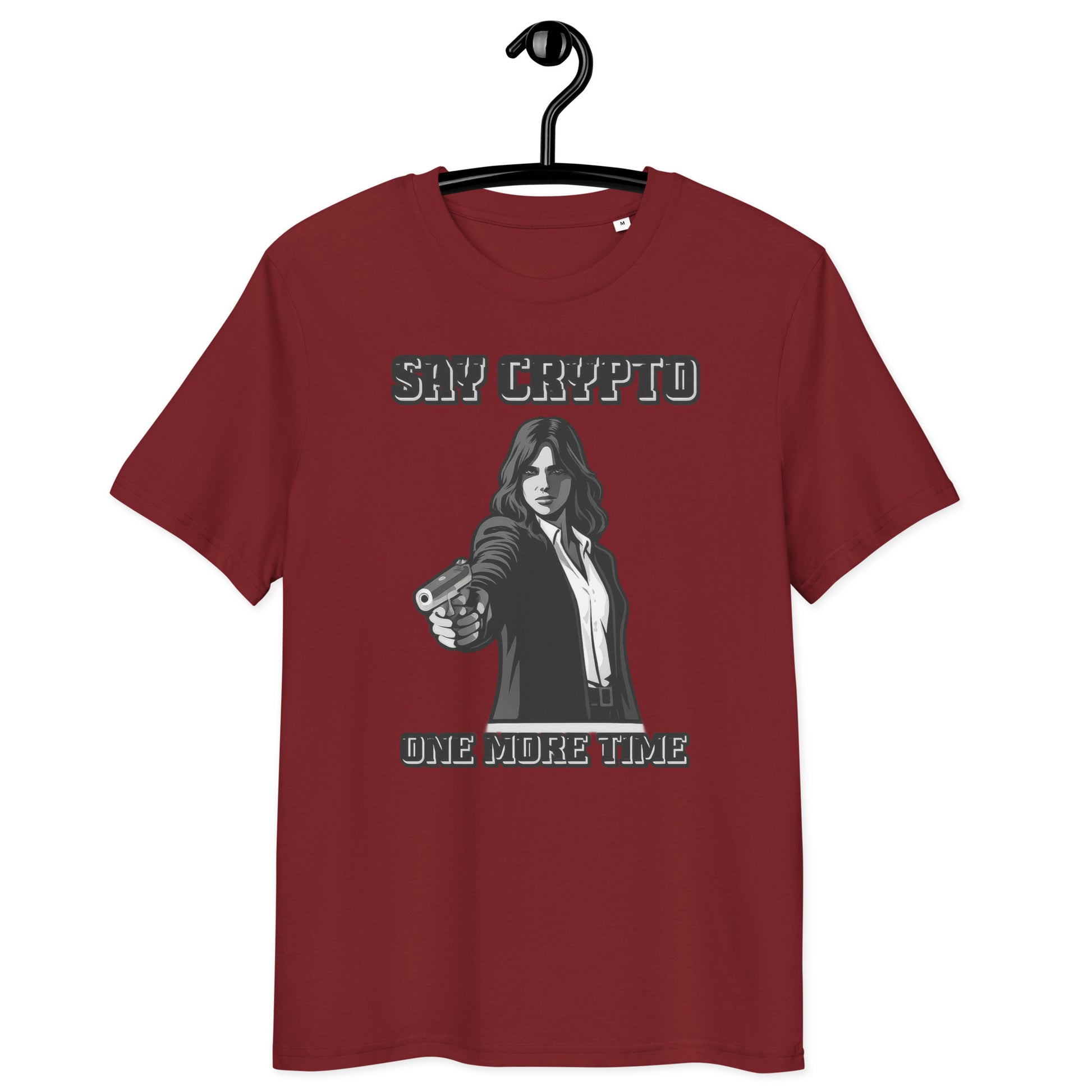 bitcoin t-shirt - say crypto one more time - on hanger - burgundy red