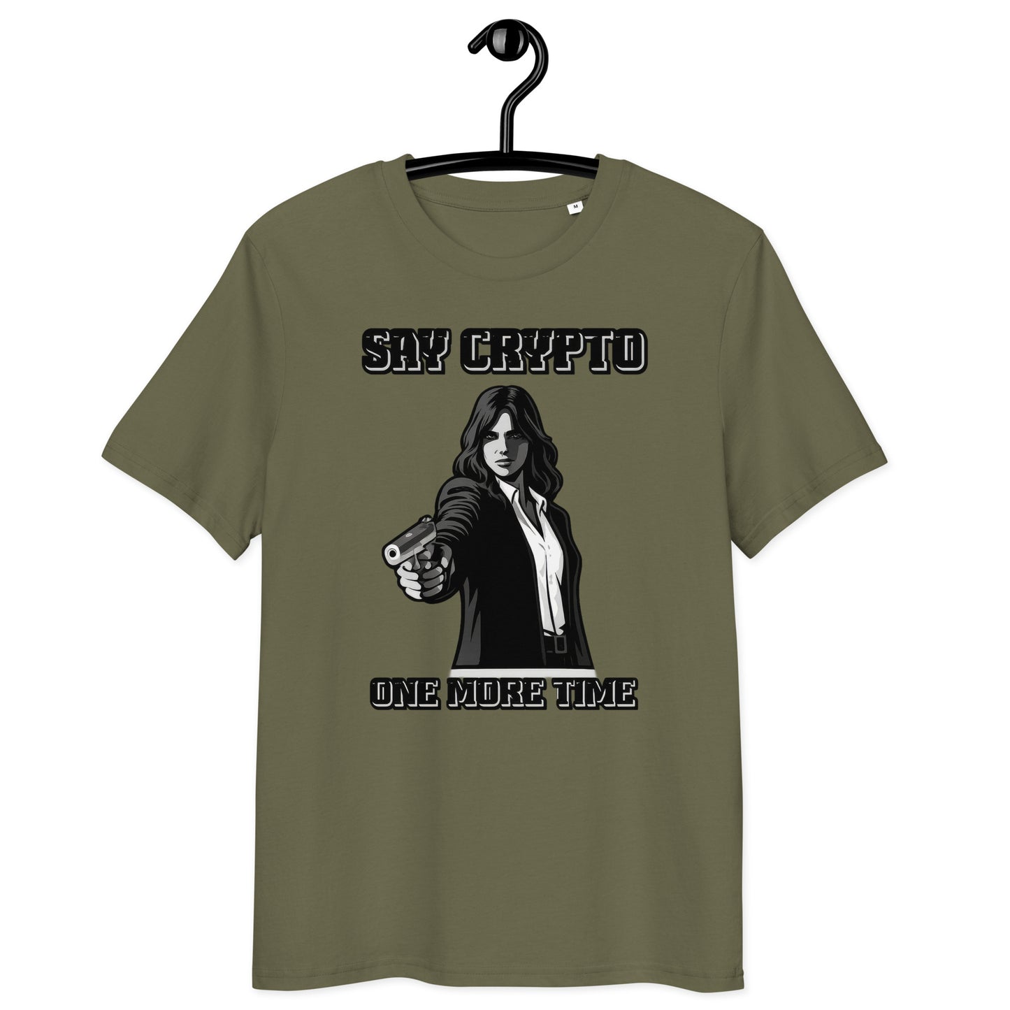 bitcoin t-shirt - say crypto one more time - on hanger - green