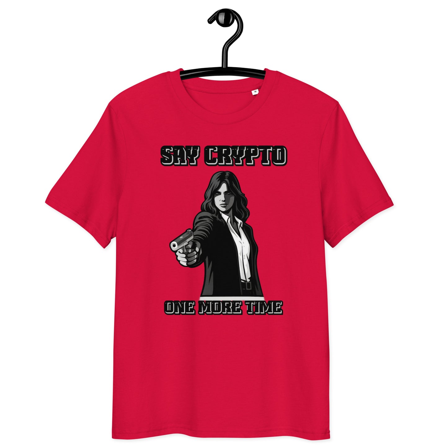 bitcoin t-shirt - say crypto one more time - on hanger - red