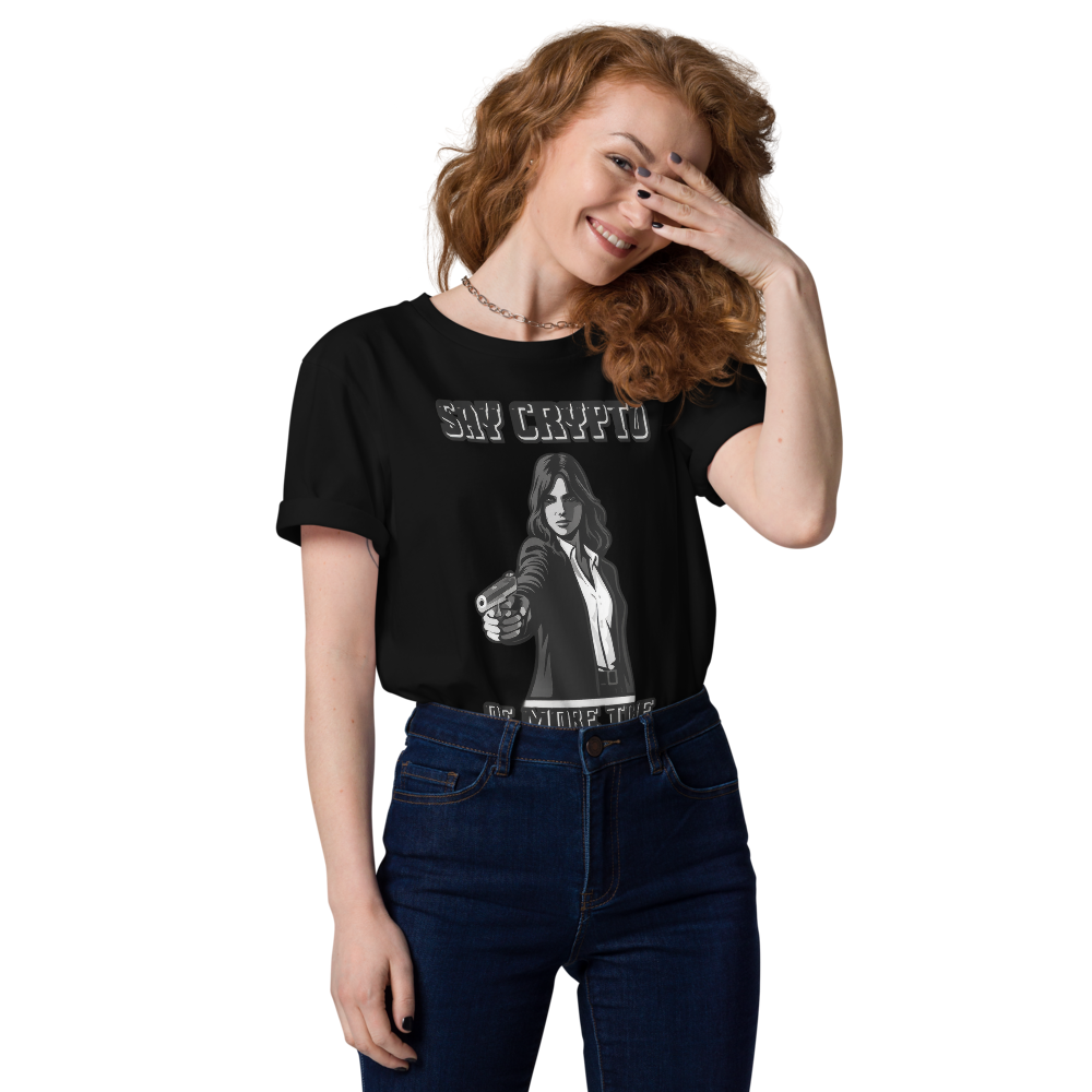 bitcoin t-shirt - say crypto one more time - worn on female model - black