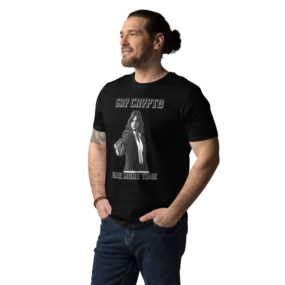 bitcoin t-shirt - say crypto one more time - worn on male model - black