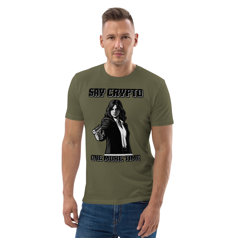 bitcoin t-shirt - say crypto one more time - worn on model - green