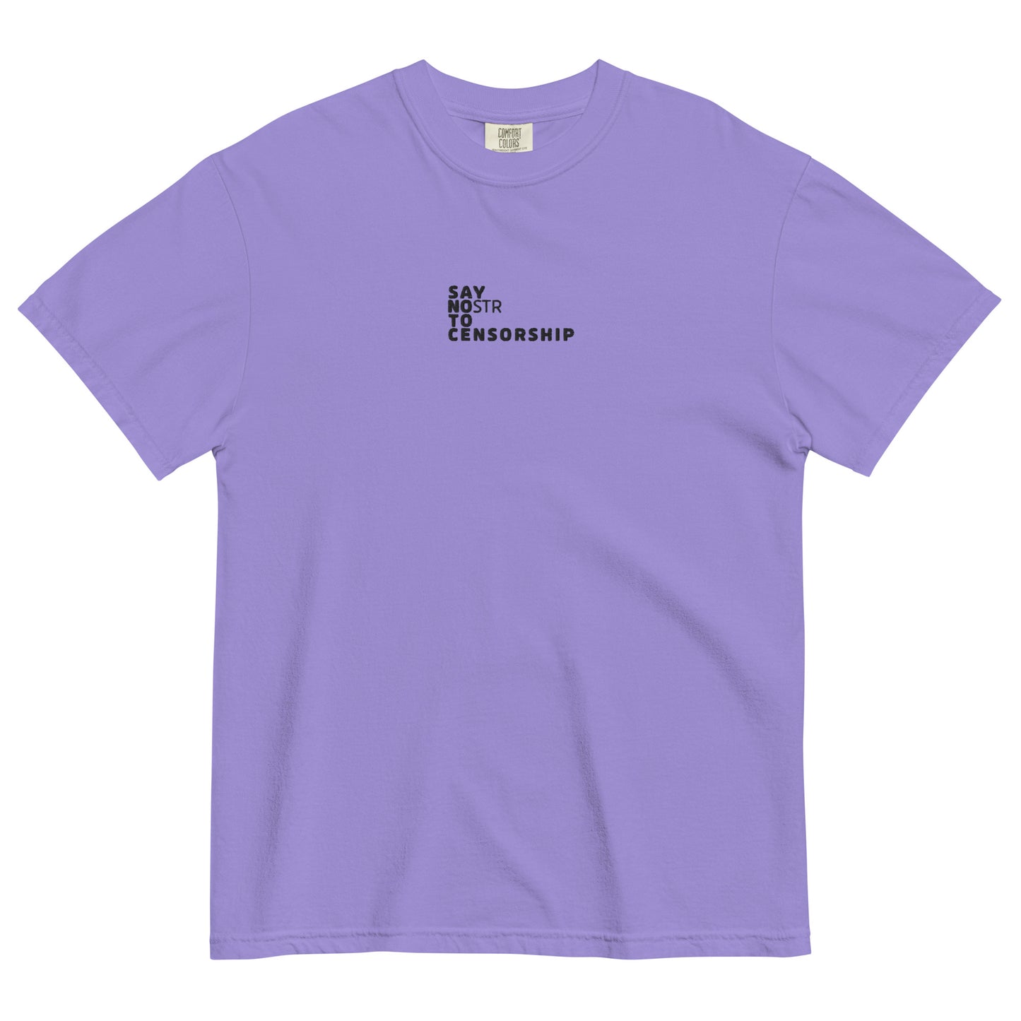 nostr t-shirt - say nostr to censorship - front view -  violet