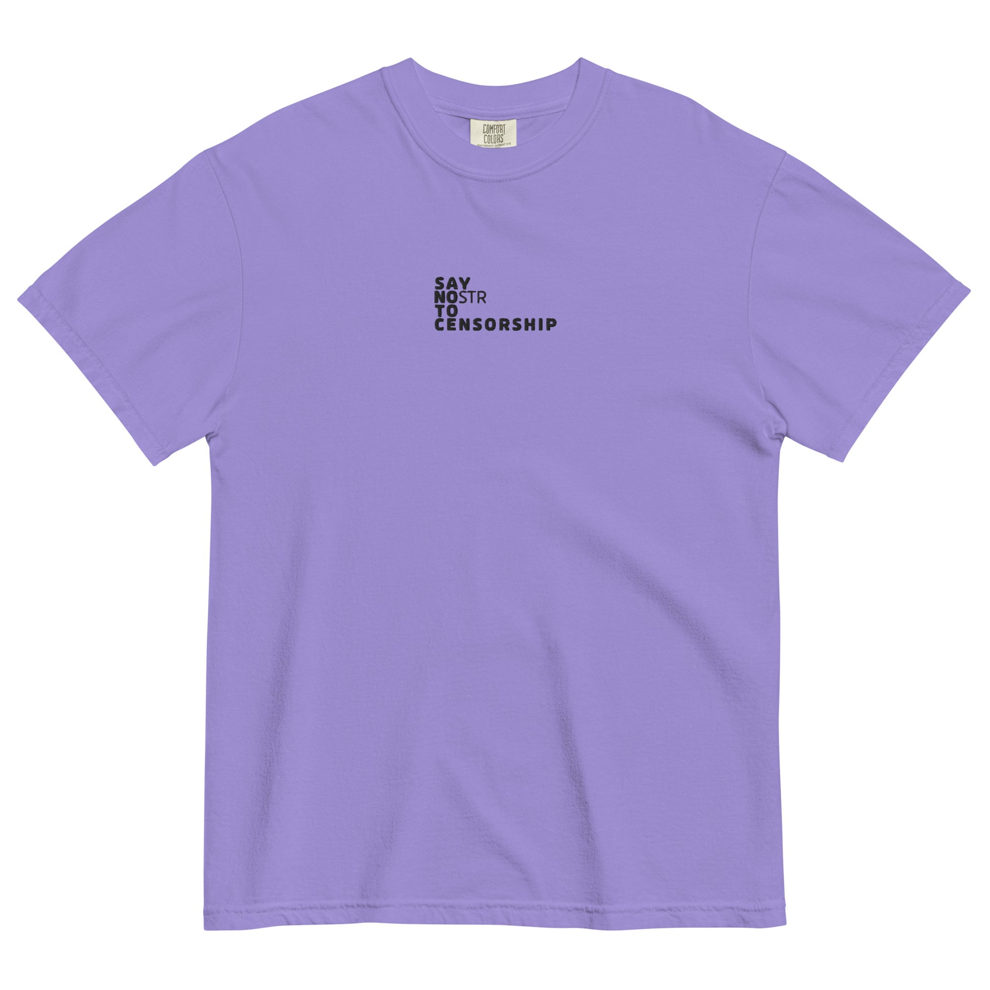 nostr t-shirt - say nostr to censorship - front view -  violet