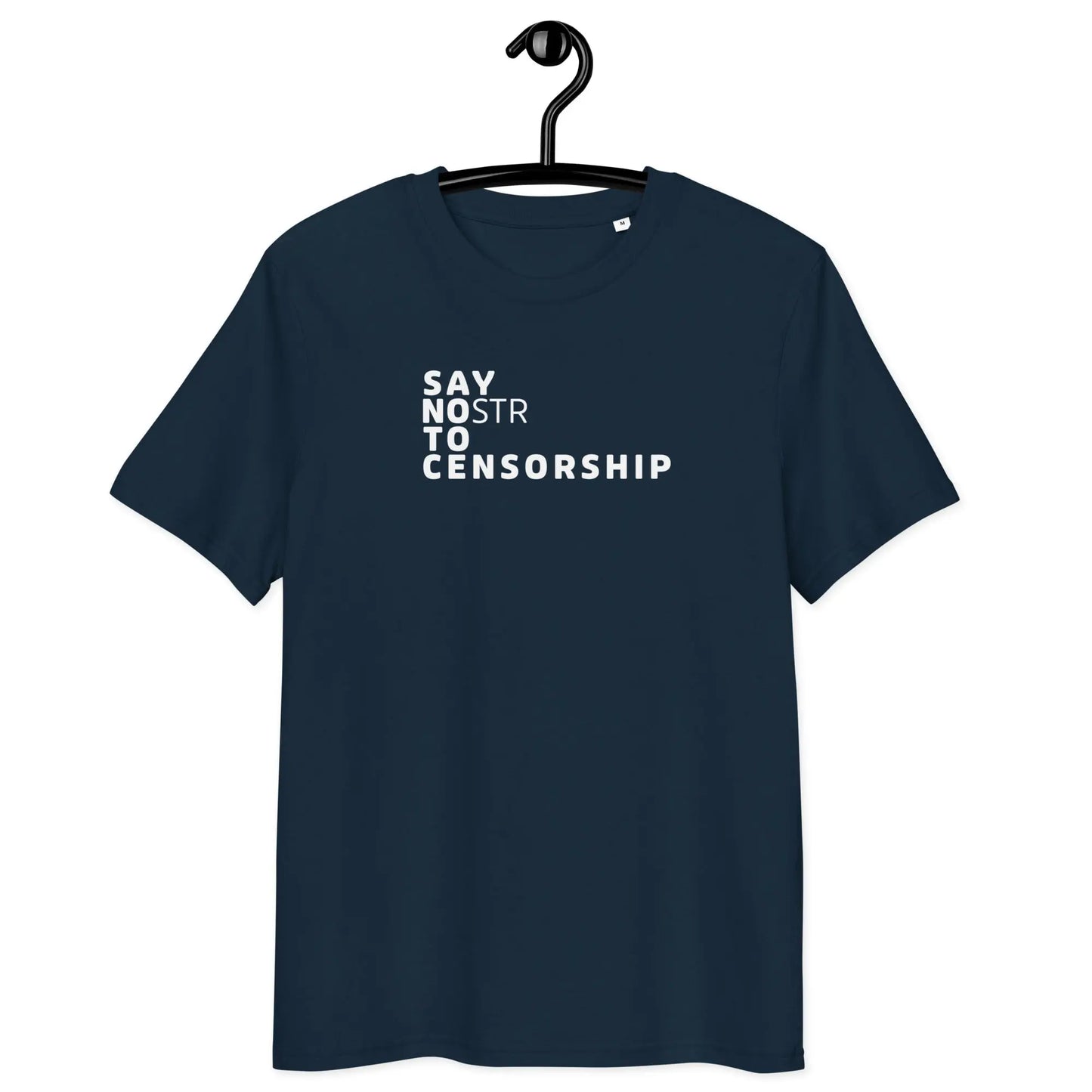T-Shirt – Say NOstr To Censorship — on hanger — navy blue