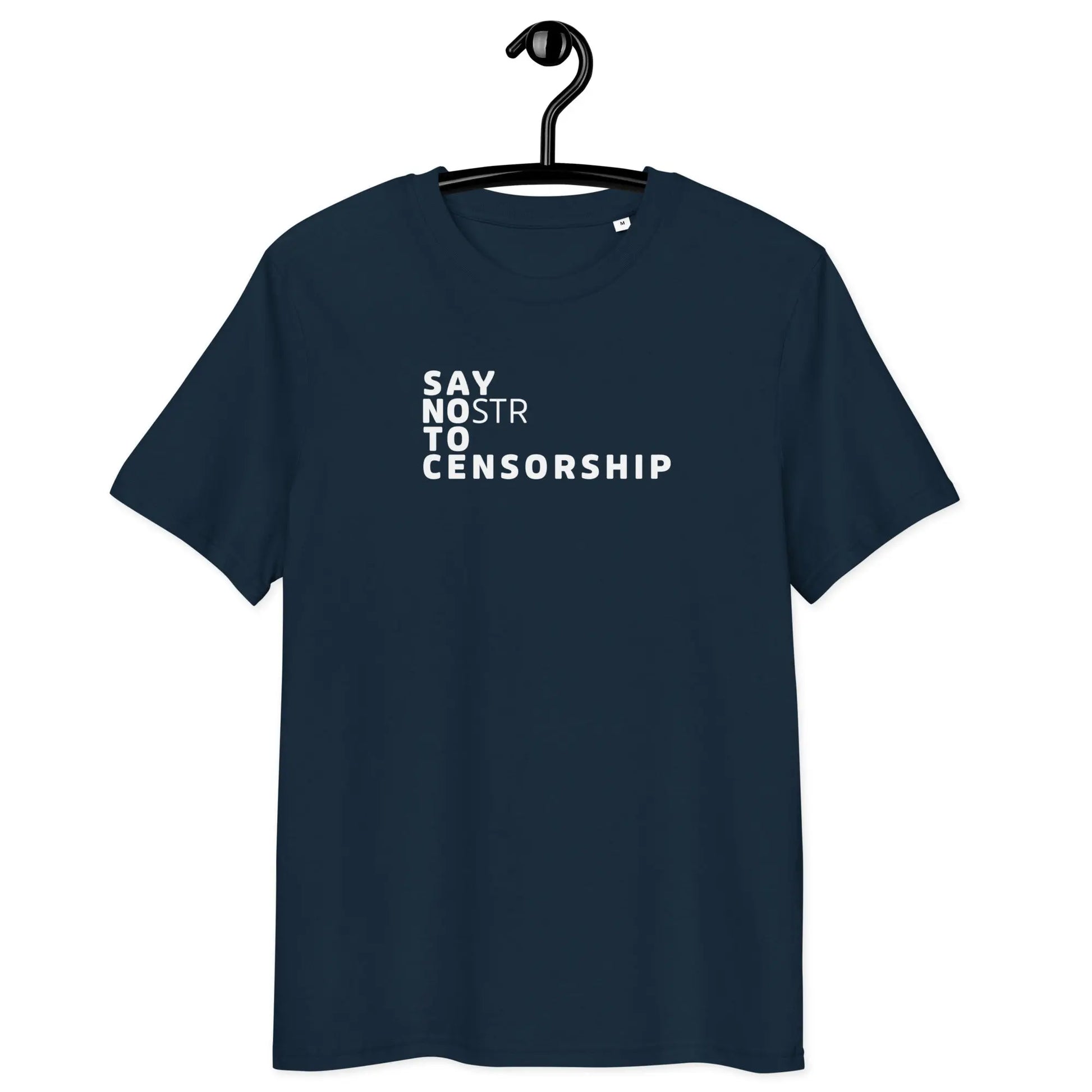 T-Shirt – Say NOstr To Censorship — on hanger — navy blue