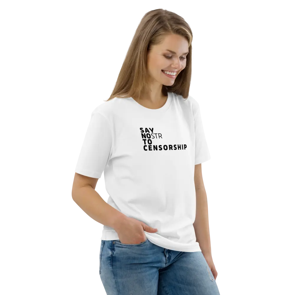 T-Shirt – Say NOstr To Censorship — worn on female model