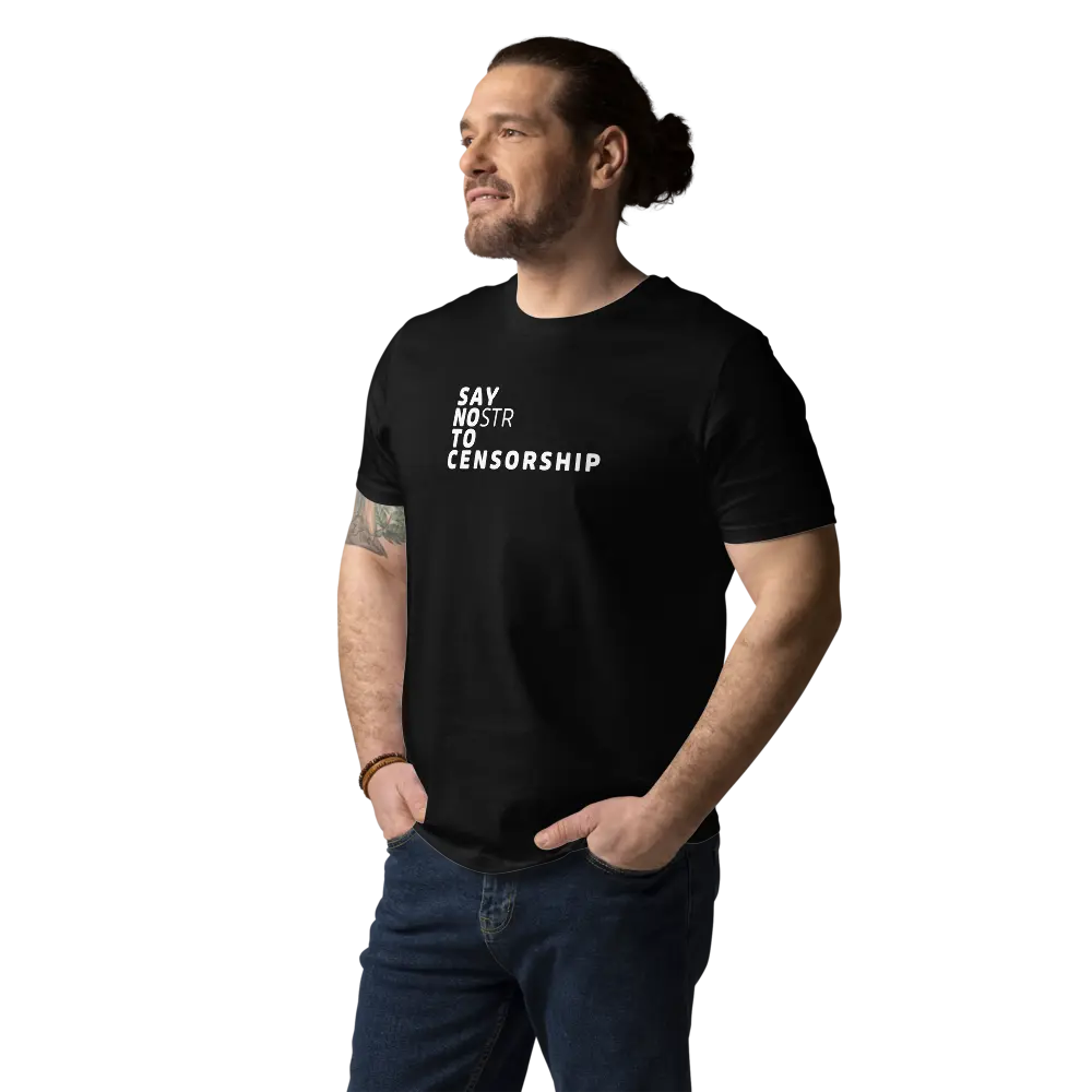 T-Shirt – Say NOstr To Censorship — worn on model — black