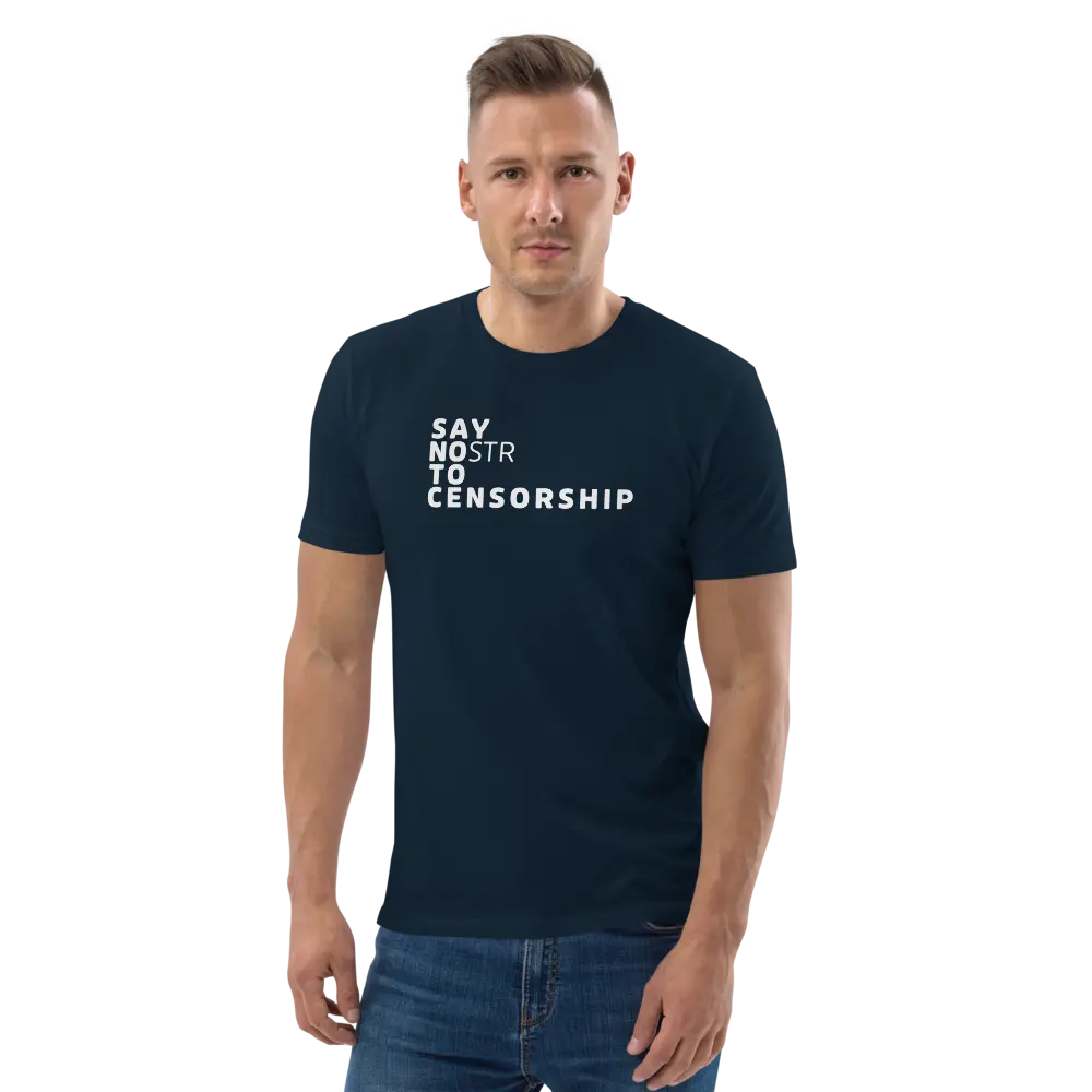 T-Shirt – Say NOstr To Censorship — worn on model — navy blue