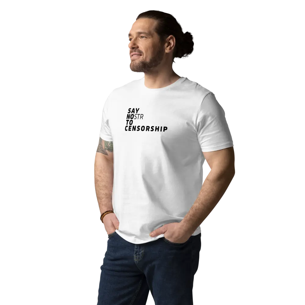 T-Shirt – Say NOstr To Censorship — worn on model — white