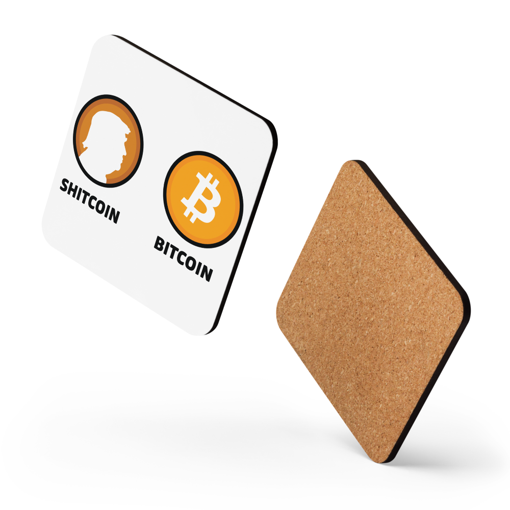 Shitcoin or Bitcoin Bitcoin coaster by BitPopArt – floating product shot