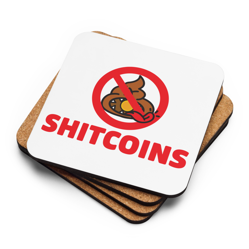 Shitcoins Bitcoin coaster stack by BitPopArt — cork backs + face up